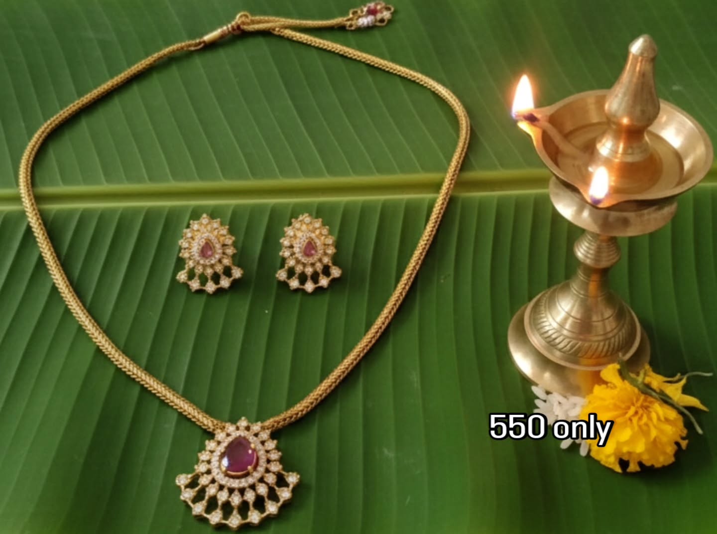 Traditional Temple Style Glass Stone Necklace Set – Premium Gold Finish